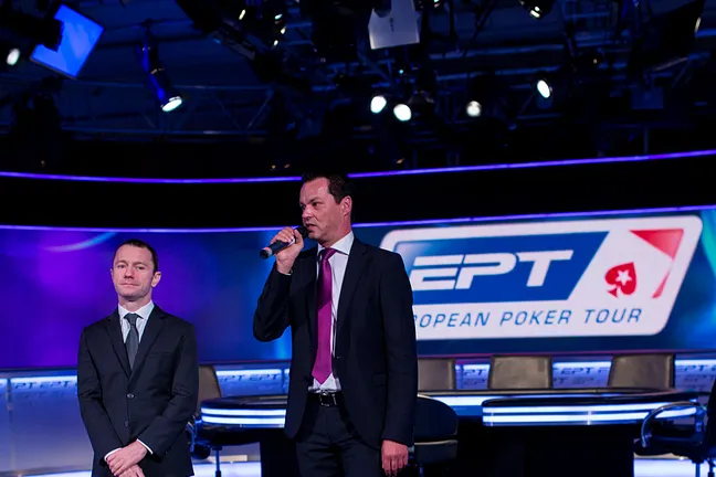 EPT President Edgar Stuchly gives the opening words at EPT Barcelona Day 1a with tournament director Toby Stone