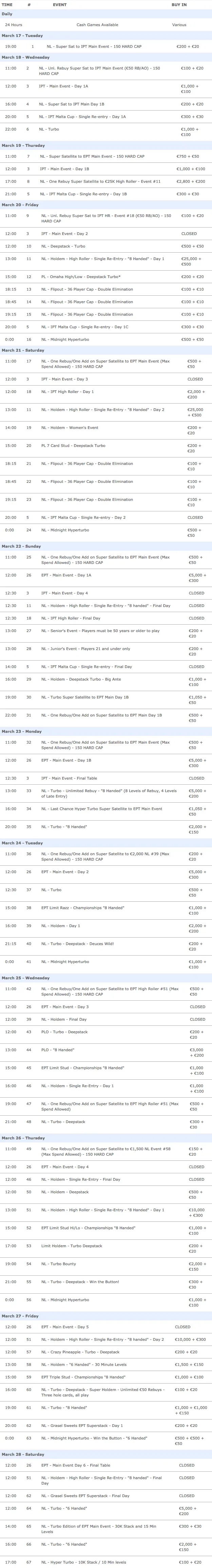 ept malta 2015 official schedule