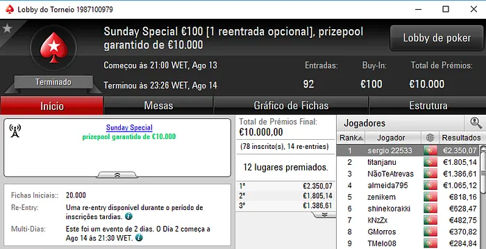 Sergio 22533 Conquista Sunday Special e JDRBaptista Vence Sunday Storm 101