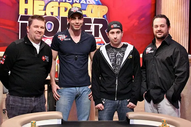 Chris Moneymaker (L) and Jonathan Duhamel (center right) will square off in a semifinal match.