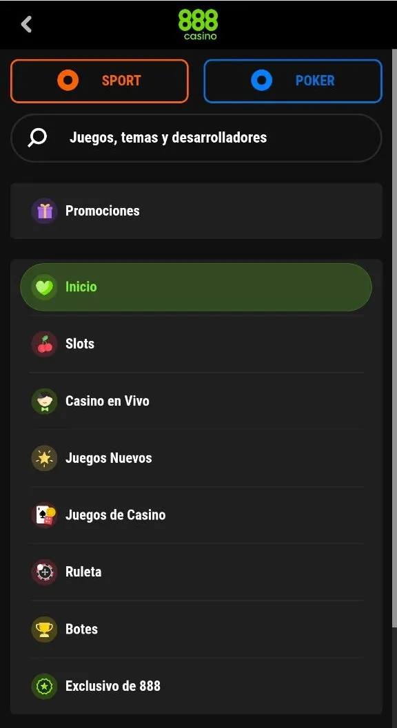 Menú de la app de 888 Casino España