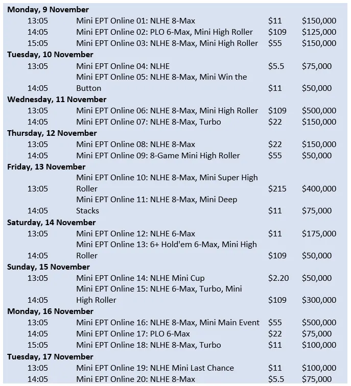calendário mini ept online pokerstars