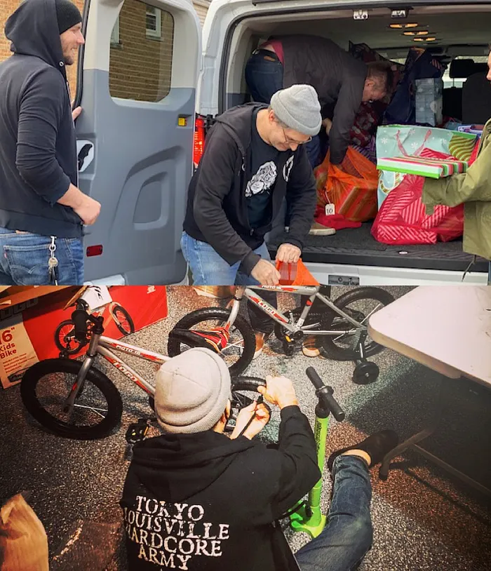 Top: Shack-Harris & Albini deliver gifts for Letters for Santa; Bottom: Albini puts together bikes to give away