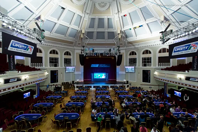 Rugby shown on the giant screen in the tournament room
