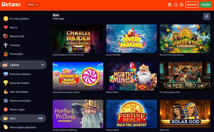 Lobby de slots no casino Betano Portugal
