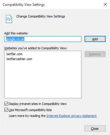 Compatibility View Settings in Internet Explorer
