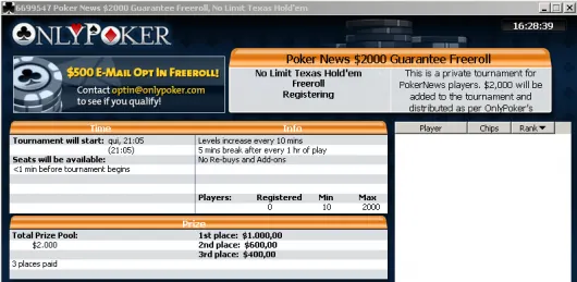 Último Freeroll PokerNews .000 do ano no Only Poker 101