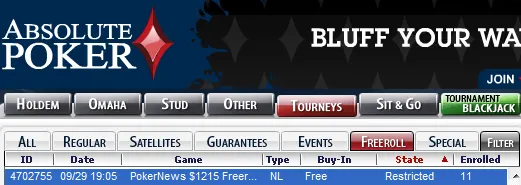 Hoje às 00:05 PokerNews 15 Freeroll na Absolute Poker 101