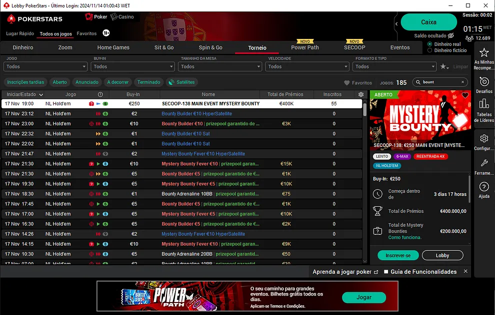 Lobby de torneios no software desktop da PokerStars.pt