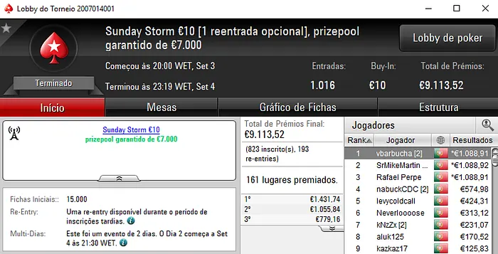 Kakiers Vence o Sunday Special; Divisão de Prémios no Sunday Storm & Mais 102