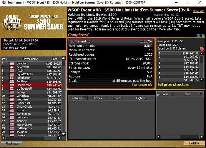 Event #88: $500 WSOP.com ONLINE No-Limit Hold'em Summer Saver lobby