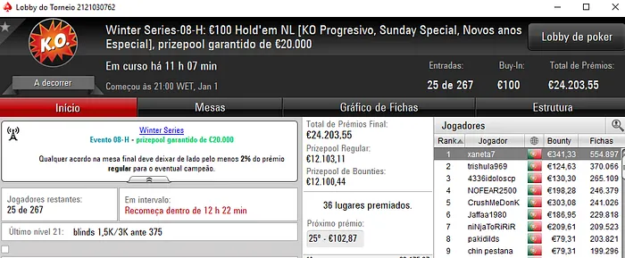 PokerStars.pt: Winter Series #8 High com €2,475 para o Campeão 102