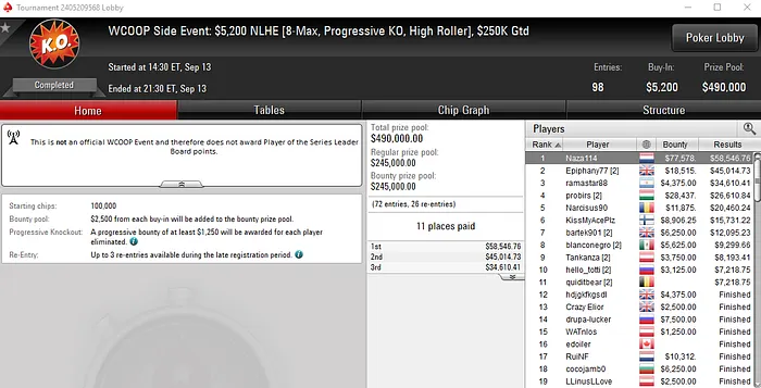 Naza114 Vence WCOOP #42-High e Side Event e Embolsa Mais de 0,000 102