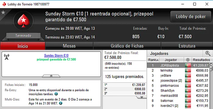 Sergio 22533 Conquista Sunday Special e JDRBaptista Vence Sunday Storm 102