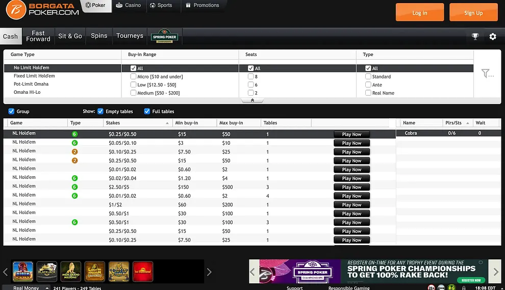 Screenshot of the Borgata Poker lobby