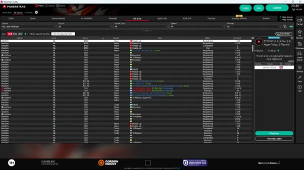 PokerStars Real Money - Sit & Go lobby