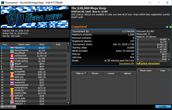 Naza114 Vence Mega Deep da 888poker; RuiNF e angelyzer também Pontuam 101