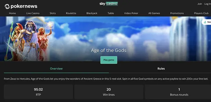 RTP displayed on Sky Casino