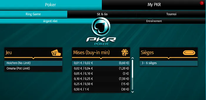 Sélection d'une table de cash games