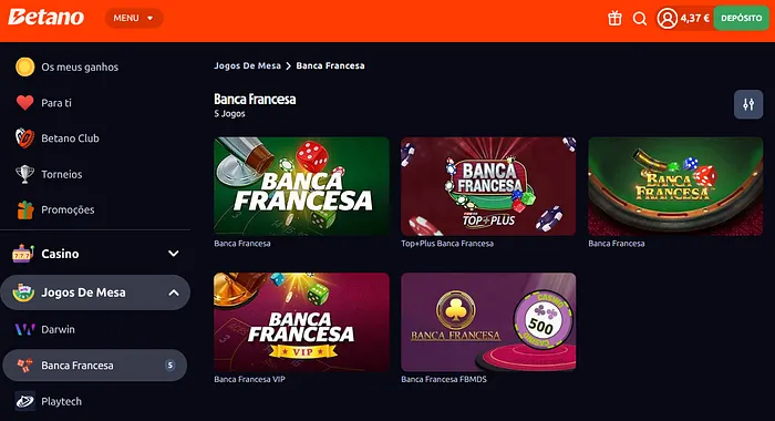 Jogos de banca francesa no casino Betano Portugal